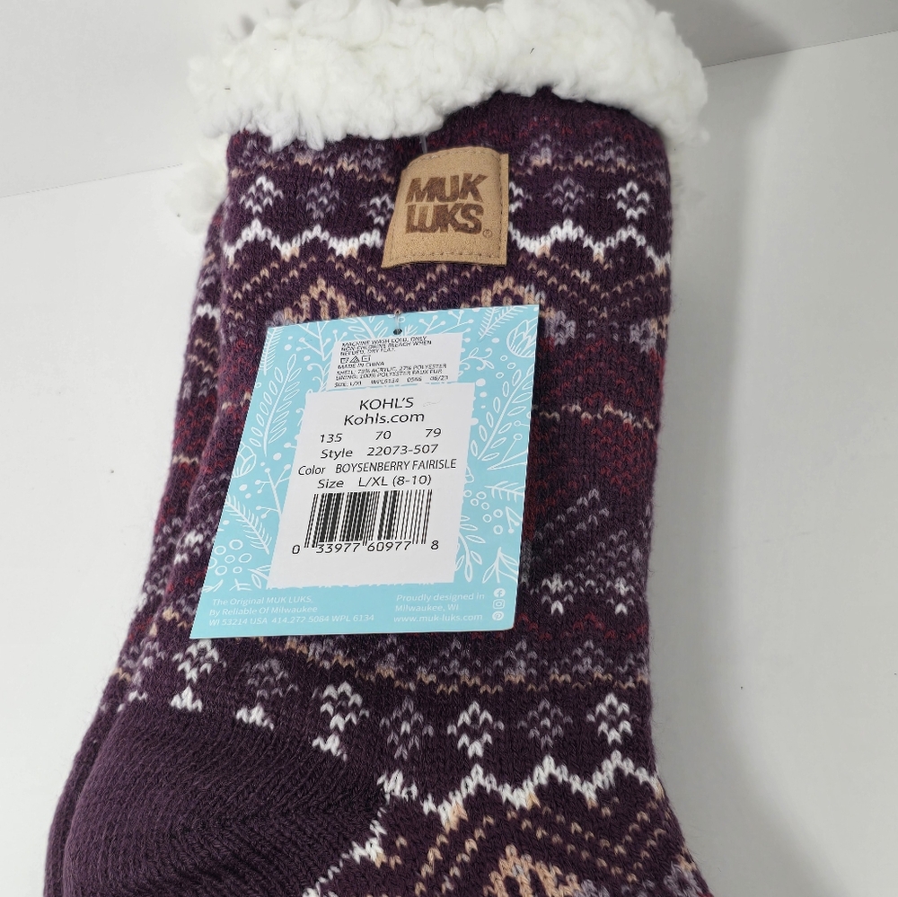 Muk Luks navy sherpa lined slipper socks womens berry L/Xl nwt - Picture 2 of 2